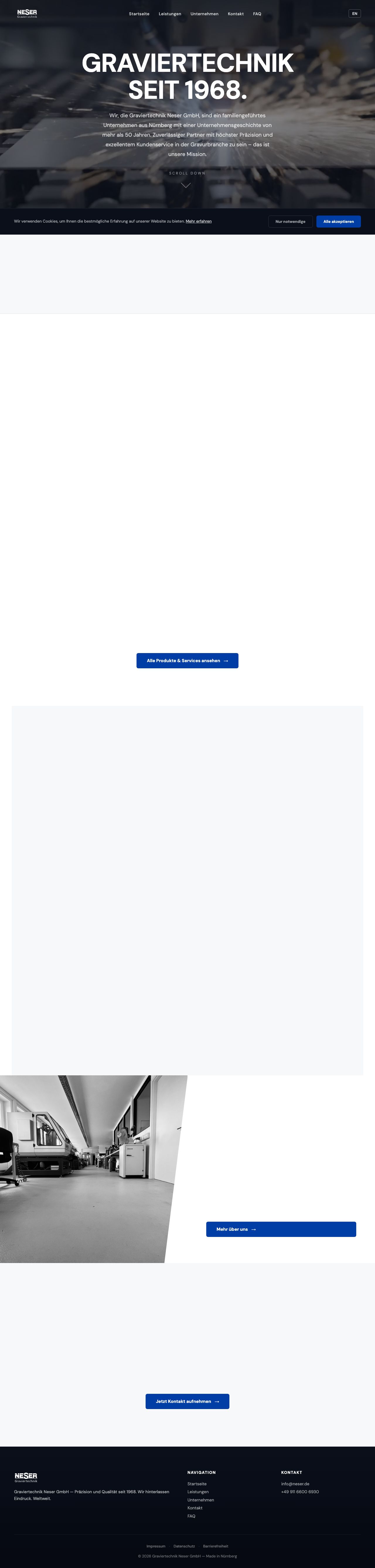 Neser Graviertechnik Website — Screenshot der Startseite mit Hero-Bereich